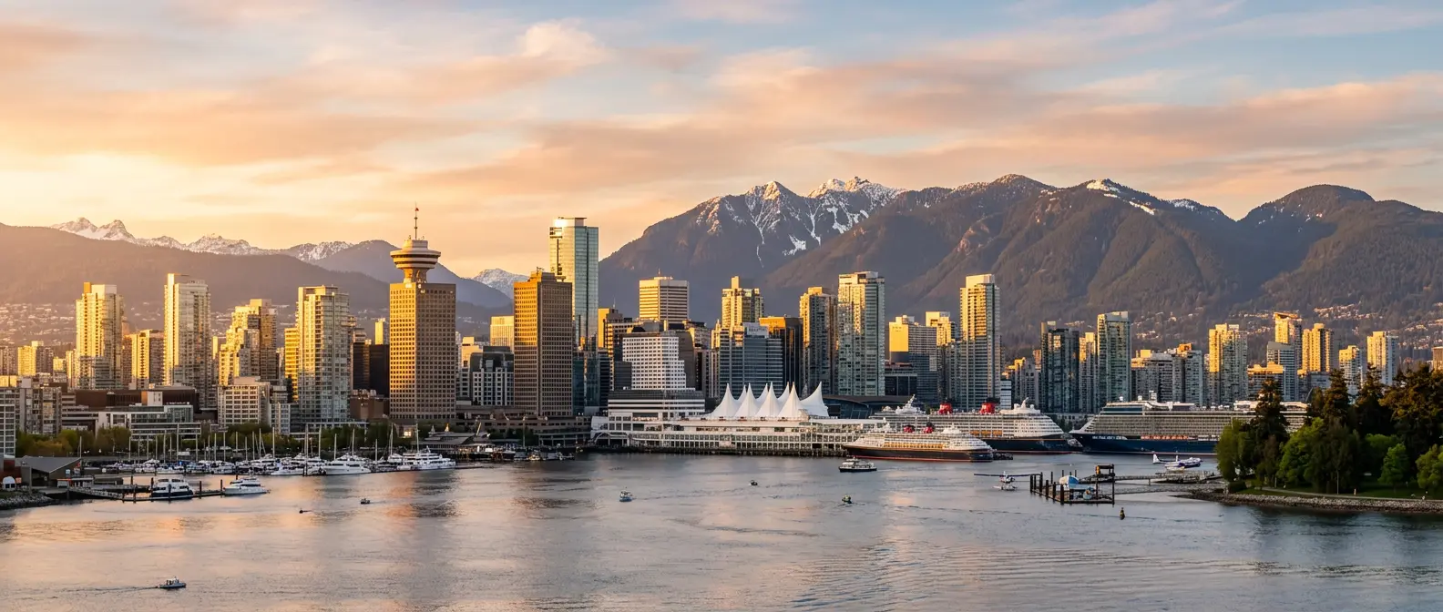 Vancouver skyline and North Shore mountains at golden hour